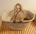 LARGE Leather Long Handles Basket - Shopping Bag Shopping Market Shopping Beach Natural Wicker french product logo