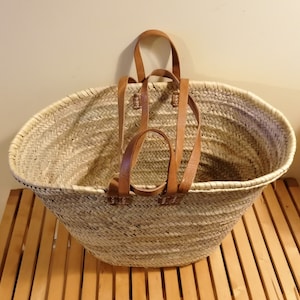 LARGE Leather Long Handles Basket - Shopping Bag Shopping Market Shopping Beach Natural Wicker french