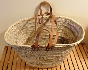 GRAND Sac - DOUBLES Anses Courtes + Longues en Cuir - Panier paille Cabas Couffin marchés courses plage osier rotin palmier naturel