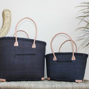 Black Rabane Embroidered Basket - Tote Bag with Long Handles - Zipped Pocket - 2 SIZES - markets, shopping, beach...