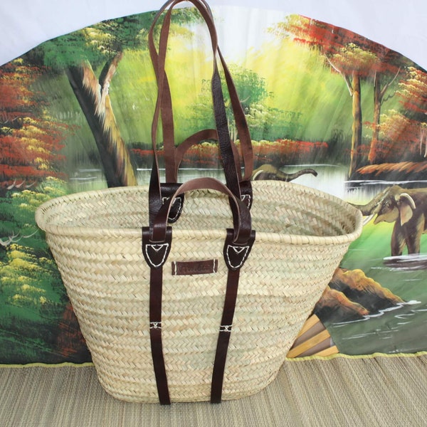 LARGE Reinforced LEATHER Basket - Short + Long Handles - Straw Bag Braided shopping bags