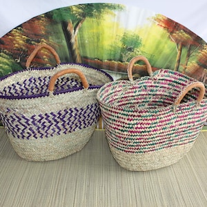 BEAUTIFUL Shopping Bag &quot;GZOULA&quot; Natural Palm Basket Tote Bag - Leather handles - beach shopping markets - large rattan wicker straw