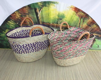 PRACHTIGE "GZOULA" Mand Tote Bag Wieg in natuurlijke palm - Leren handvatten - strandwinkelmarkten - groot stro rieten rotan