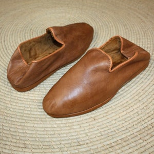 Chaussons CUIR Chaud & Confortable Marron Camel Talons pliables Couture cousu retourné Homme et Femme Du 35 au 45 image 2