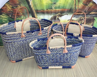 Cesta de compras ORIGINAL ARTESANAL MADAGASCAR - Tote Bag Azul y Natural - Tejido a mano - 3 tamaños a elegir - mimbre de paja playa