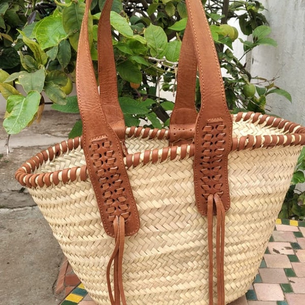 MAGNIFICENT Long Handles Braided Leather Bag - French Basket markets beach shopping natural