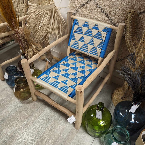 LARGE ARMCHAIR in wood and rope - with armrests - ARTISANAL quality Morocco