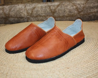 Babouches CUIR Camel SEMELLES en PNEUS - Talons pliables - Couture "cousu retourné" - Homme & Femme - Du 40 au 46