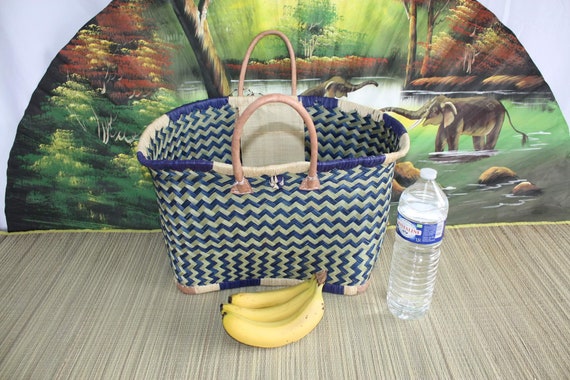 BASKET Reed Cabas Braided in Rush NAVY BLUE Market Bag -  Israel