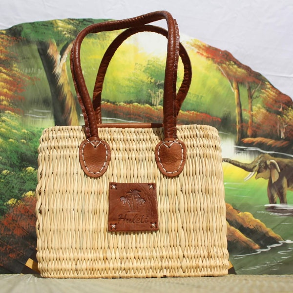 Panier Sac à Main en Jonc - FERMETURE ZIP ÉCLAIR - Naturel & Cuir - Anses Longues