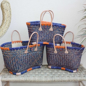Shopping tote basket from Madagascar - Blue & Orange Basket - Artisanal braided bag - 3 sizes to choose from -