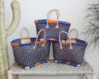 Shopping tote basket from Madagascar - Blue & Orange Basket - Artisanal braided bag - 3 sizes to choose from -