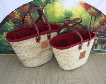 Lot de 2 Paniers à courses avec pochon tissu africain - MOYEN + GRAND XXL - Sac Panier paille Cabas marchés courses Couffin plage palmier