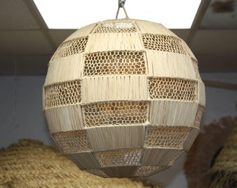 Round Straw Lampshade with Braided Raffia - Ball Pendant Light - Openwork Braiding - Boho Decor - Handmade - 2 Sizes Available
