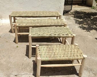 Banc En Bois Massif Et Tressage Naturel, Banc En Rotin, Banc En Bois, Banc  D'entrée, Tabouret Naturel, Décor Marocain. 