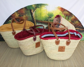 Long Handles Bag with Fabric Pouch - Straw Shopping Basket Shopping Market Wicker beach rattan palm natural