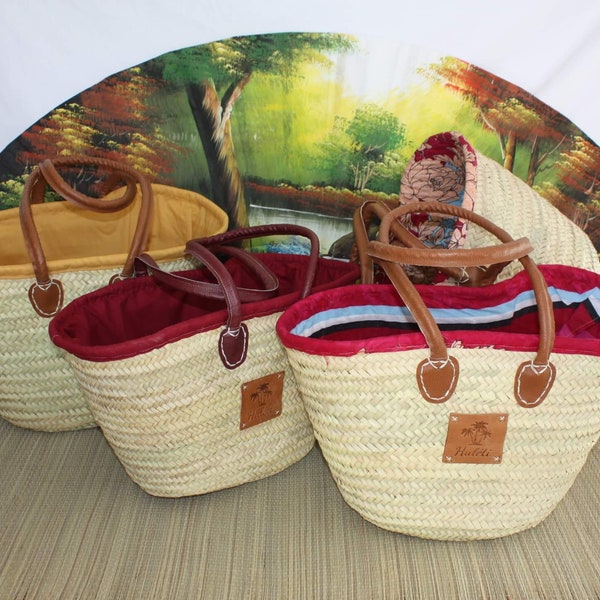 Long Handles Bag with Fabric Pouch - Straw Shopping Basket Shopping Market Wicker beach rattan palm natural