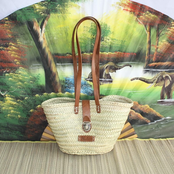Small Bag Long Handles Leather Suitcase Closure - Tote bags market course shopping basket natural