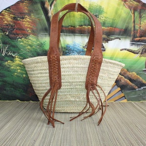 SUPERB Long Leather Handles Bag - Braided Moroccan Basket - Natural beach shopping market tote