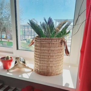 Może przedstawiać: Pleciony kosz wiklinowy z uchwytami skórzanymi, wypełniony zielonymi, liściastymi roślinami, stoi na parapecie.