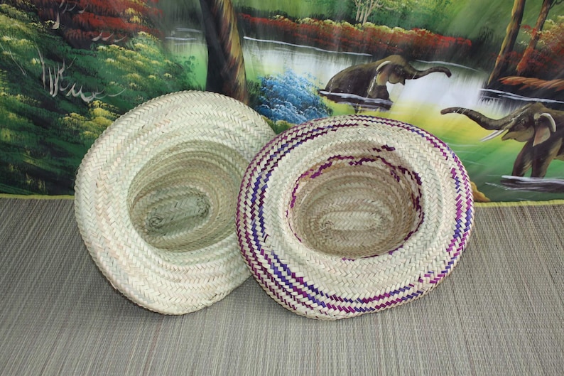 Puede incluir: Dos sombreros de paja tejidos, uno con un dise&ntilde;o liso y el otro con rayas moradas y blancas. Los sombreros est&aacute;n sobre una superficie marr&oacute;n.
