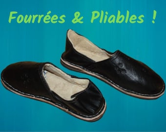 BABOUCHES NOIRES FOURRÉES - Polaire & Cuir - Chaleur et Confort - 100% Artisanal - Homme / Femme - Du 38 au 45 -