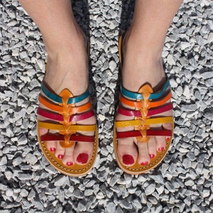 Women&#39;s summer sandals - MULTICOLORED LEATHER - Handmade & Natural - From 35 to 43 - Turquoise Camel Fuchsia Yellow Red -