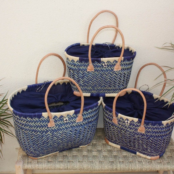 Panier à courses - Tissu pochon Bleu - MADAGASCAR - Sac Cabas Bleu & Naturel - Tressé à la main - 3 tailles au choix - plage osier paille