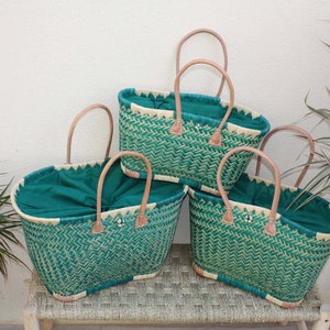 XXL Turquoise Basket from MADAGASCAR + Pochon Fabric - 3 sizes - Tote bag shopping, markets, beach