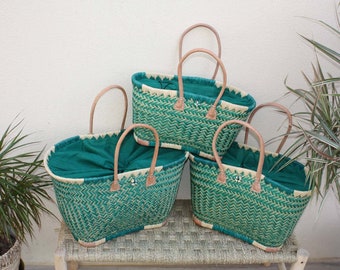 XXL Turquoise Basket from MADAGASCAR + Pochon Fabric - 3 sizes - Tote bag shopping, markets, beach