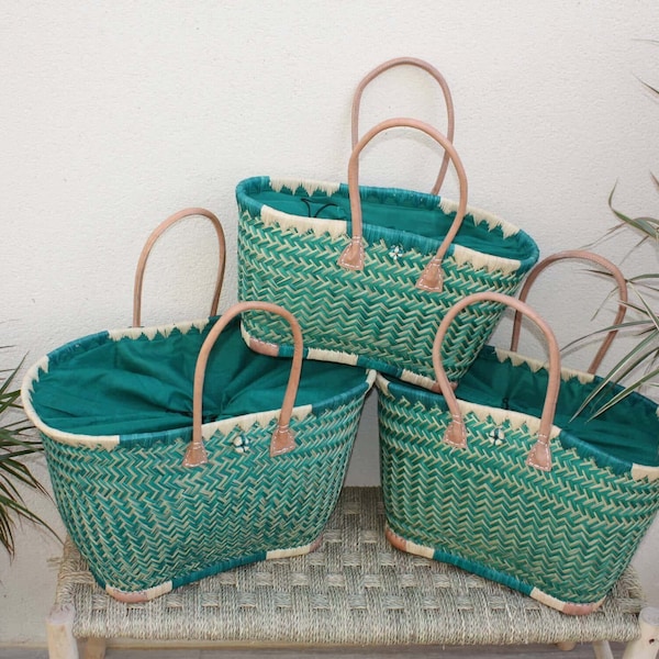 Panier Turquoise XXL de MADAGASCAR + Tissu Pochon - 3 tailles - Sac Cabas courses, marchés, plage