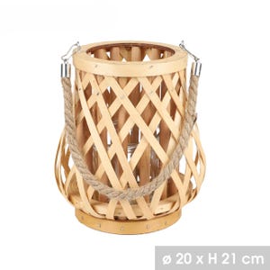 May include: A natural woven wood lantern with a rope handle. The lantern is 20 inches in diameter and 21 inches tall.