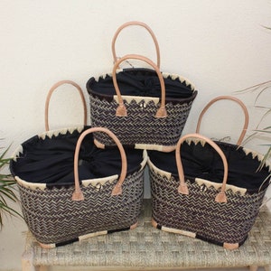 MADAGASCAR NATURAL Shopping Basket - Black Fabric Pochon Tote Bag - Hand-woven - 3 sizes - straw wicker beach