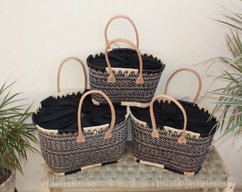 MADAGASCAR NATURAL Shopping Basket - Black Fabric Pochon Tote Bag - Hand-woven - 3 sizes - straw wicker beach