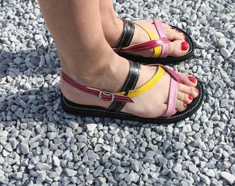 WOMEN summer SANDALS in LEATHER - Multicolored Crossed Straps + Heel Attachments - Craftsmanship & Comfort - From 35 to 42 -