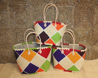 Embroidered PATCHWORK Basket - Natural & Multicolor - Shopping Bag with Long Handles - 3 SIZES - Tote Bag for Markets, Shopping, Beach...
