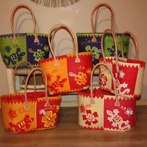 Multicolored Rabane embroidered basket - Shopping market tote Beach bag Long handles - 2 SIZES