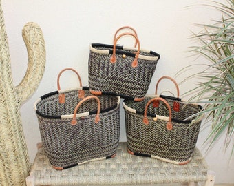 Shopping tote bag - MADAGASCAR BASKET - Black & Natural - Hand Braided - 3 sizes to choose from - straw wicker beach market