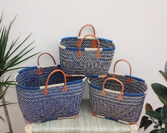 Shopping Tote Bag - PANIER de MADAGASCAR - Blauw & Natuurlijk - Handgeweven - 3 maten om uit te kiezen - stro rieten strandmarkt