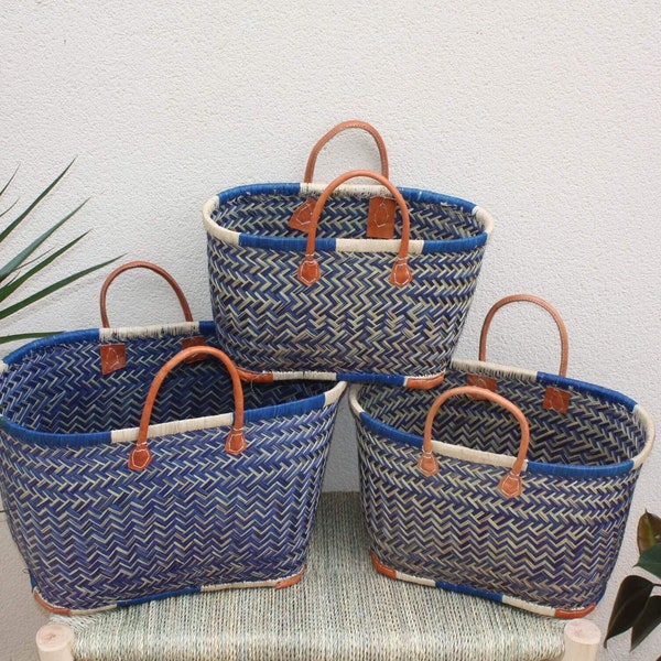 Sac Cabas de courses - PANIER de MADAGASCAR - Bleu & Naturel - Tressé Main - 3 tailles au choix - marché plage osier paille