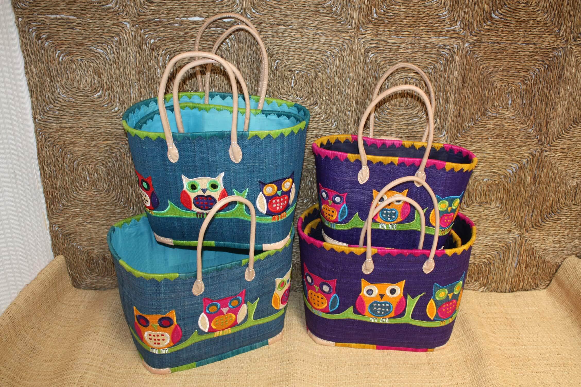 Panier brod&eacute; HIBOU CHOUETTE Bleu - Sac Anses Longues - 3 TAILLES - Cabas March&eacute;s, cour