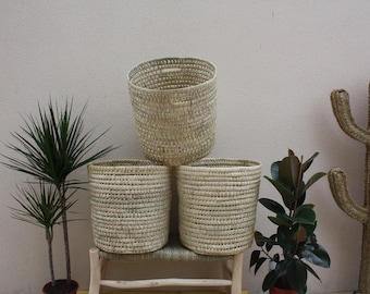 Panier Rond - Coffre de rangement - Tressé en Palmier Blanc - Bac Corbeille à Linge - Paille Rotin Osier