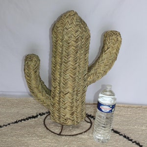 Puede incluir: Una gran escultura de cactus de paja tejida con un soporte de metal. El cactus es de color marr&oacute;n claro y tiene una superficie texturizada. El cactus est&aacute; sobre una alfombra blanca con patrones de diamantes negros.