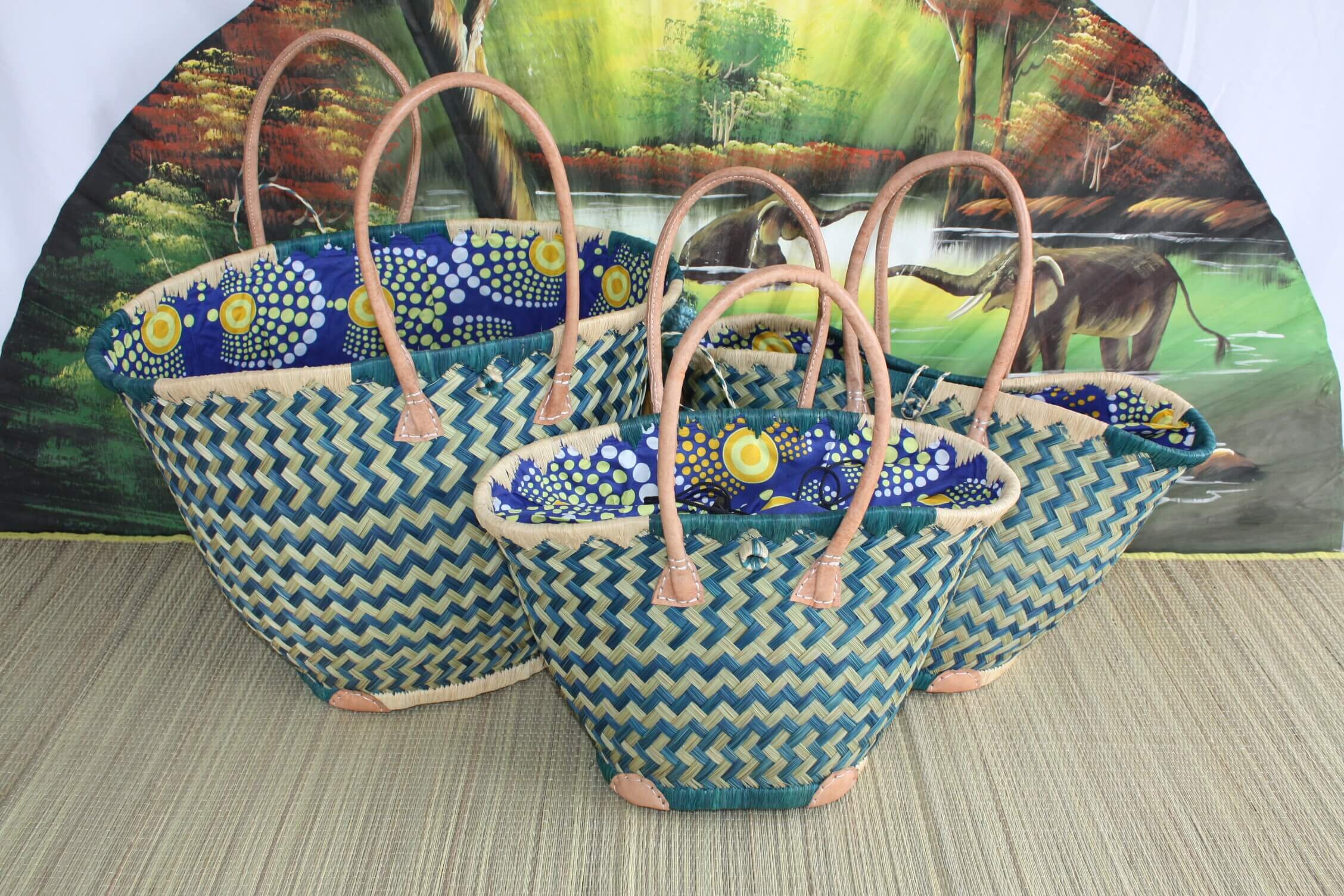 Panier ROND Pochon WAX africain - Turquoise & Naturel