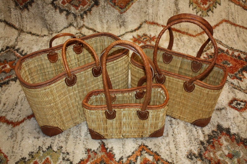 Panier de courses en jonc Cabas marchés osier sac rotin SOLIDE RENFORTS CUIR 3 Tailles MOYEN+GRAND+XXL