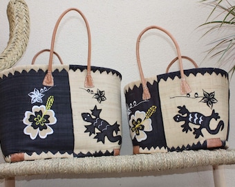 Panier brodé Rabane - Cabas Sac courses Anses Longues - 3 TAILLES - Marchés, courses, plage...