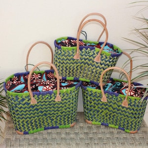 Green & Blue shopping tote - WAX fabric pouch with red flowers - Market basket - Beach bag - 3 SIZES