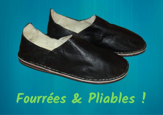 BABOUCHES NOIRES en Cuir - CHAUSSONS Confort - 100% Artisanal - Homme / Femme - Du 38 au 45 -