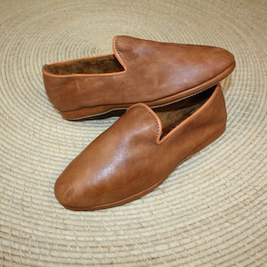 Chaussons CUIR Chaud & Confortable Marron Camel Talons pliables Couture cousu retourné Homme et Femme Du 35 au 45 image 6