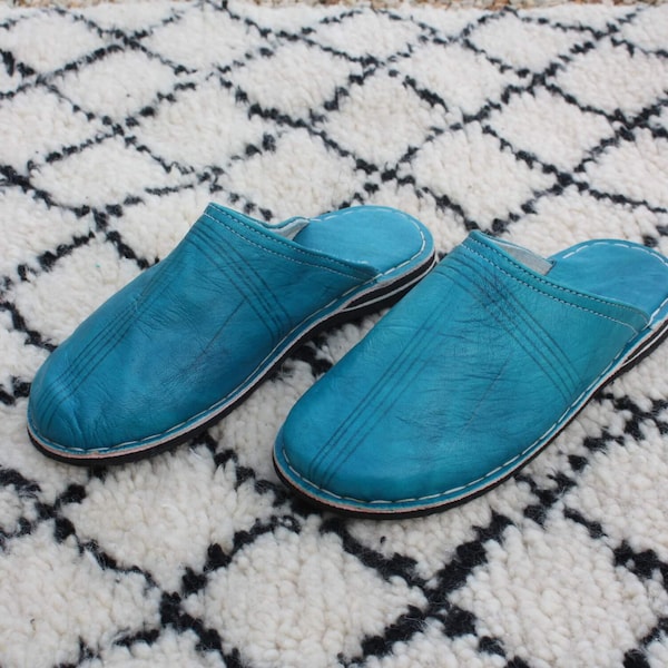 BEAUTIFUL SLIPPERS in TURQUOISE Leather - 100% Handcrafted Moroccan Manufacture - Man & Woman - 5 to 11